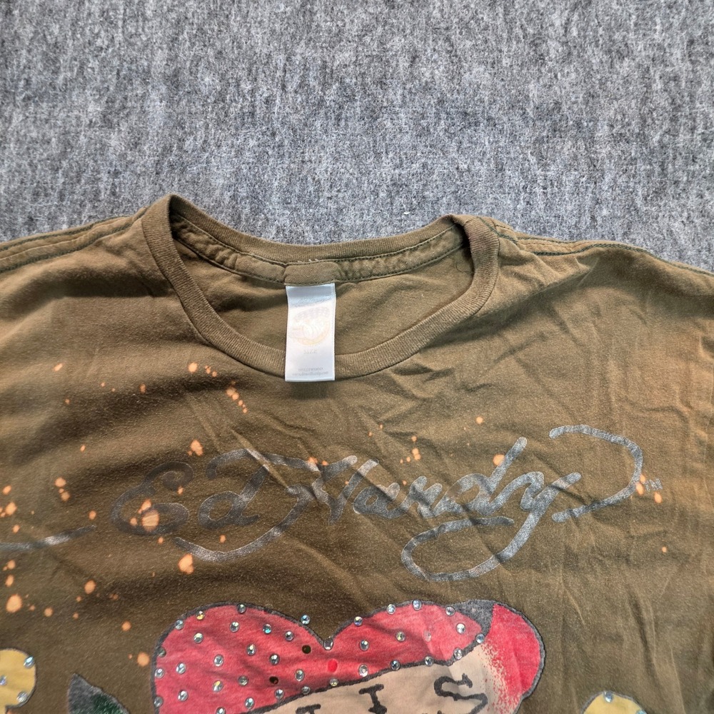 Ed Hardy Love Kills Slowly Rhinestone Bleach Splatter T-Shirt Olive Green M - Picture 2 of 13